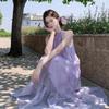 Gentle wind purple flower sleeveless neck dress women's summer loose skirt French holiday dress big swing dress
