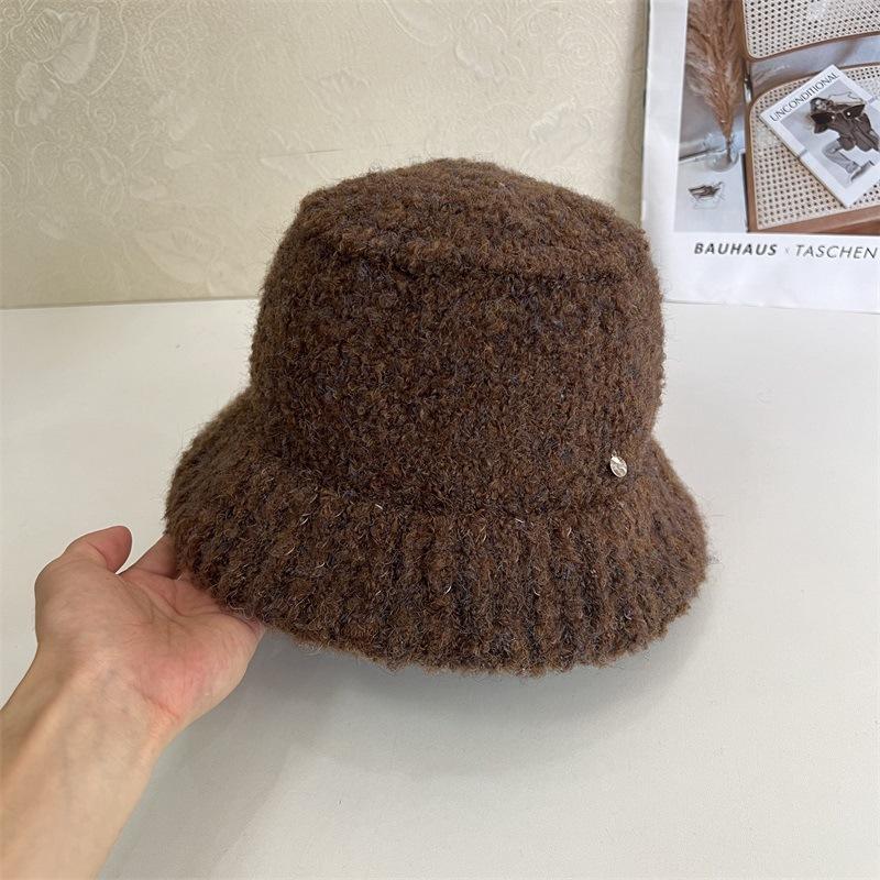 Lamb wool bucket hat women's autumn and winter new big head circumference warm plush basin hat versatile plain face small bucket hat