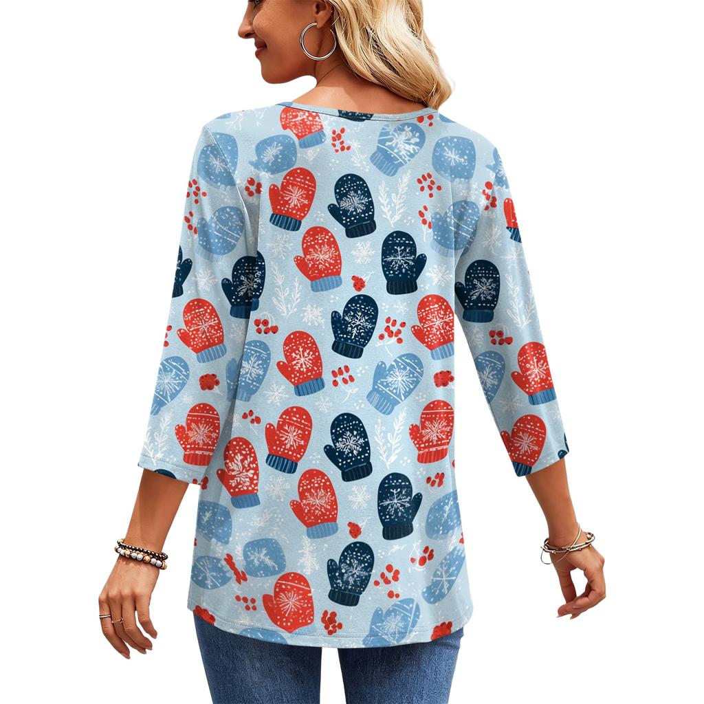 Women's Fashion Casual Christmas Print V-Neck Three-Quarter Sleeve Blouse