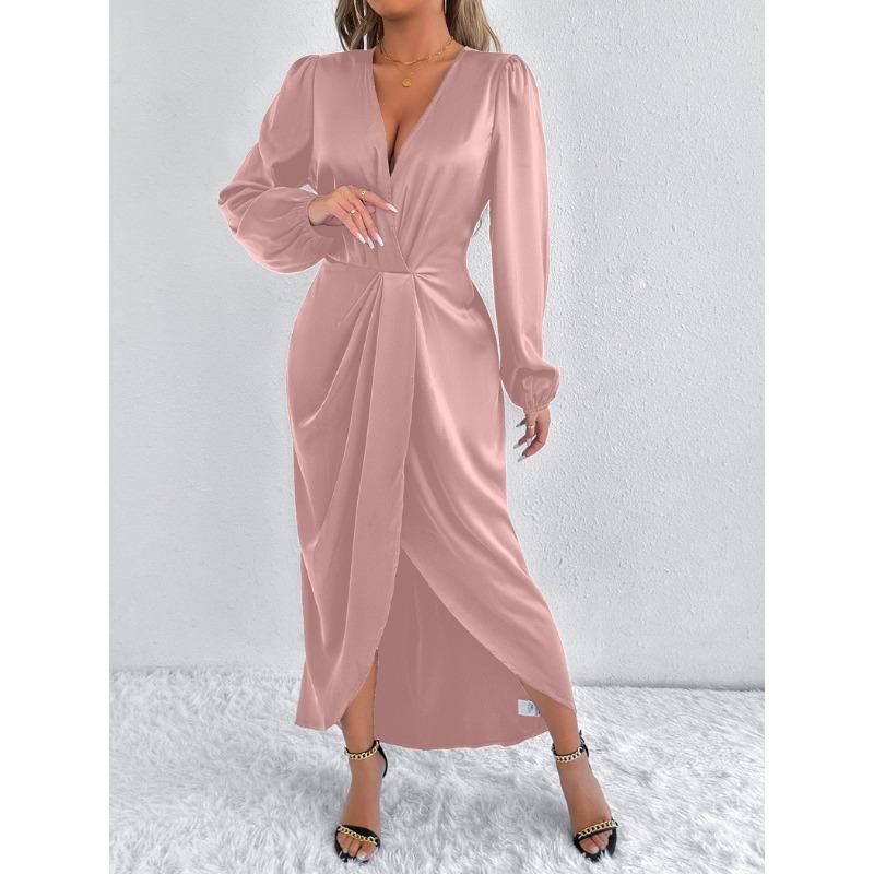 Damen Rostorange Satin V-Ausschnitt Puffärmel Wickel verdrehte Taille Schlitz Midi-Kleid