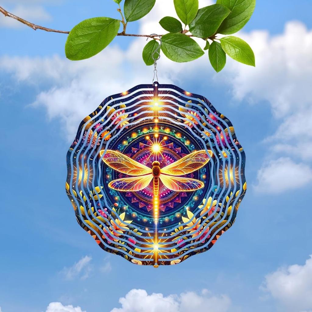 Bohemian Mandala Dragonfly Wind Spinner - 2D Stainless Steel Garden Art, Handcrafted Floral Metal