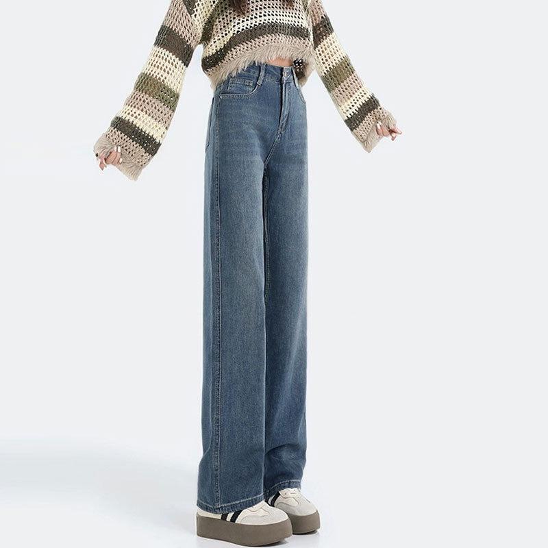 Women's High-Waisted Retro Straight-Leg Jeans - Figure-Flattering, Floor-Length, Casual Wide-Leg Design