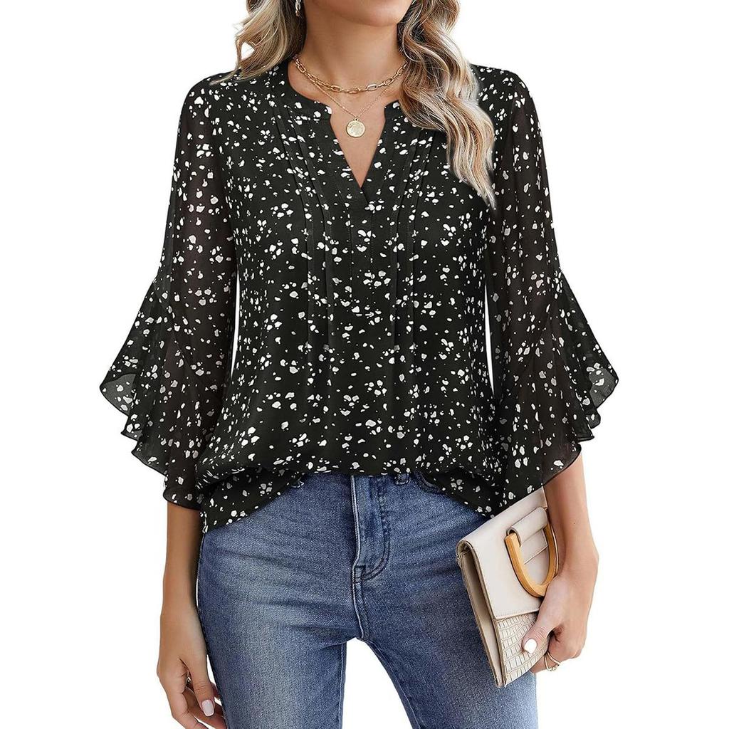 My Garderobe Authorization Damenblusen Chiffon Rüschen Kurzarm V-Ausschnitt Business Casual Tops Sommer süßes Hemd