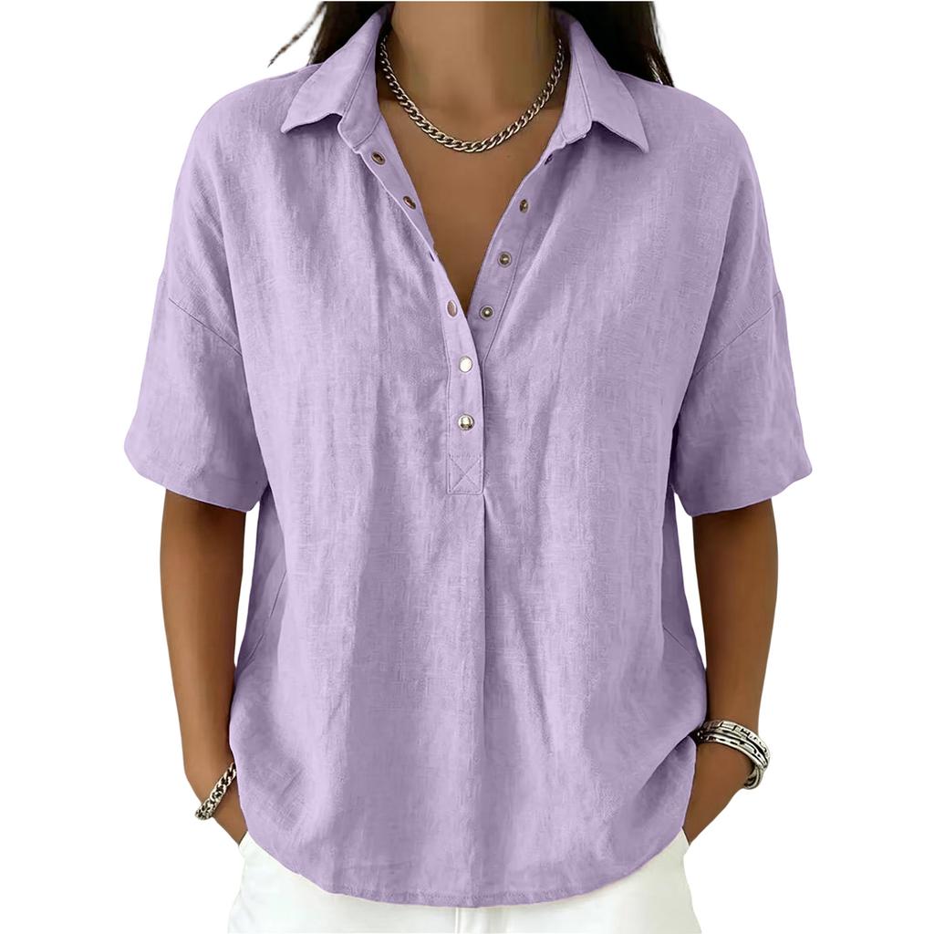 Women's Fashionable Loose-Fit Short-Sleeve Casual Shirt With Half-Zip