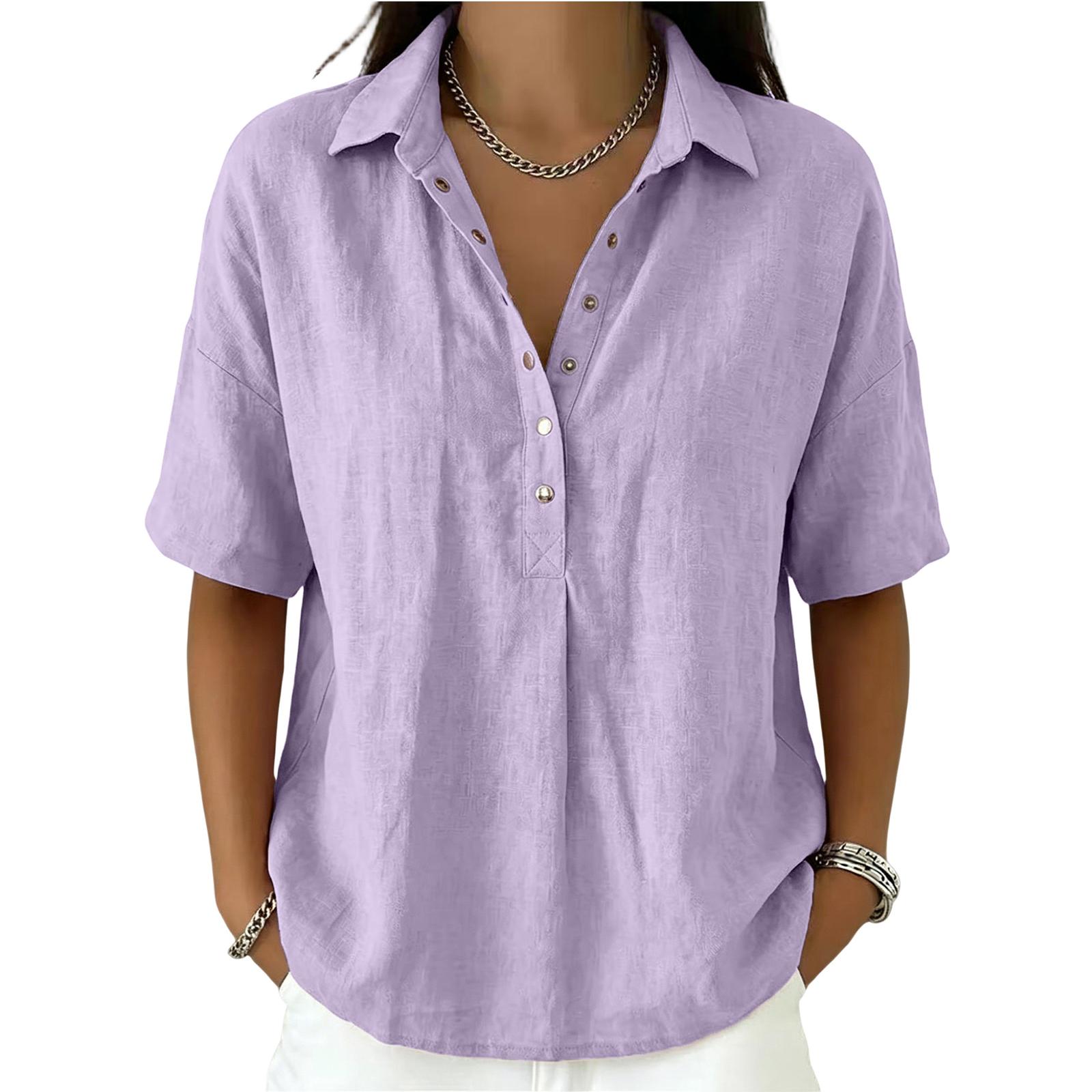 

Women’s Fashion Button Down Polo Shirt Short Sleeve Relaxed Fit Blouse Casual Lapel Collar Lightweight Top for Everyday Wear L