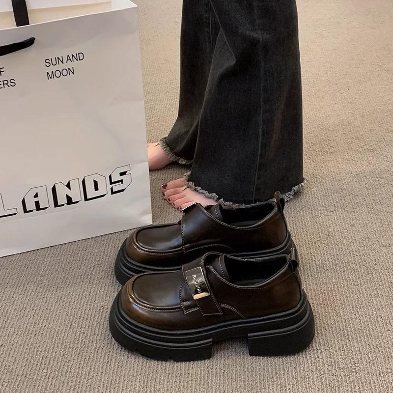 Fashion Sponge Cake Thick Soled Women's Small Leather Shoes New 2024 Spring Black Thick Heel Retro British Style Loafers Single Shoes