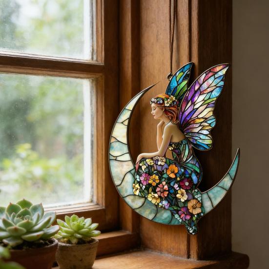 Sonnenfänger Acryl Buntglas-Effekt Schmetterling/Libelle/Fee Ornament Fensterhänger Dekor Feiertagsgeschenk für Frauen Mama Oma
