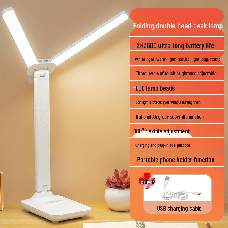 Dual Head LED Table Lamp: Dimmable, Foldable, Plug-in/Rechargeable Bedside Reading Lamp for Dorms and Kids