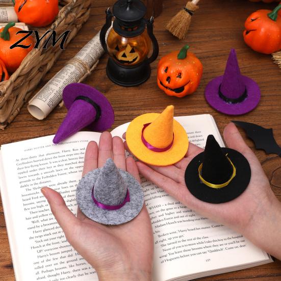 Halloween Witch Hat Decorations 2 Pcs Mini Felt Hats, Cute Tiny Wizard Wine Handmade Ribbon Crafts Bottle Topper for Party Favors, DIY Crafts,