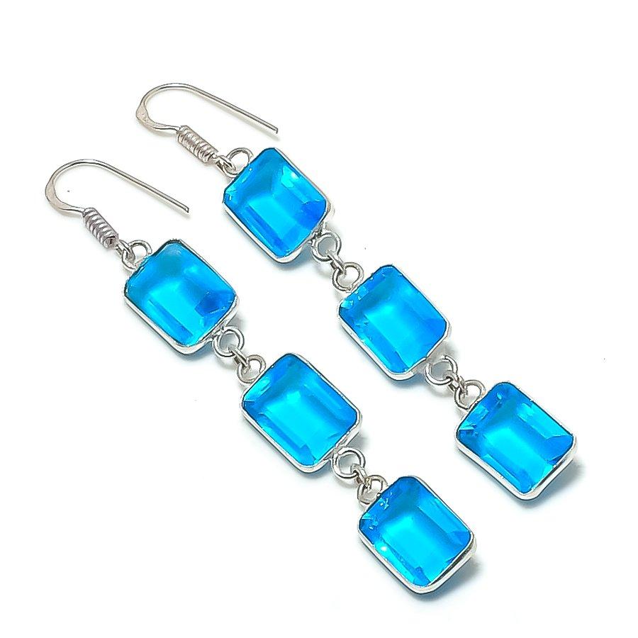 Natural Swiss Blue Topaz Gemstone 925 Sterling Silver Jewelry Earring 3.07 AE-11910