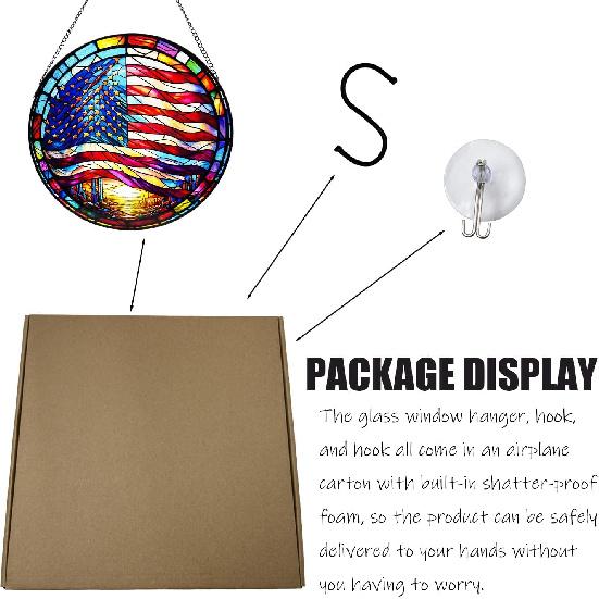 LOTIKOU 9.84'' American Flag Glass Window Hanging, Flag Stained Glass Window Panel, American Flag Glass Window Panel for Home Office Outdoor Decor