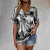 Women Pink Tie Dye Lace Up V Neck Short Sleeve Casual Loose Fit T Shirt