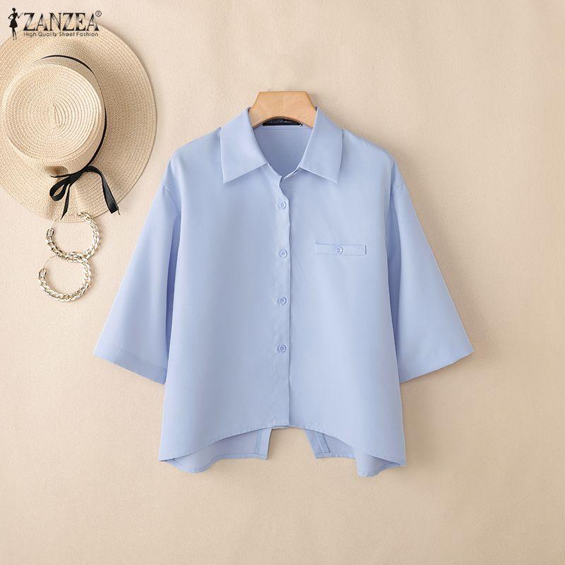 ZANZEA Women Casual Turn Down Collar Solid Color Loose Half Sleeve Blouse