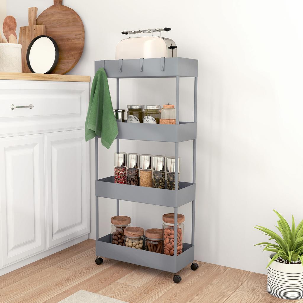Kitchen Cart with 4 Shelves, 4 Flexible Hooks, 4 Wheels, 40 Cm X 19 Cm X 90 Cm, Narrow Gap Cart, Grey
