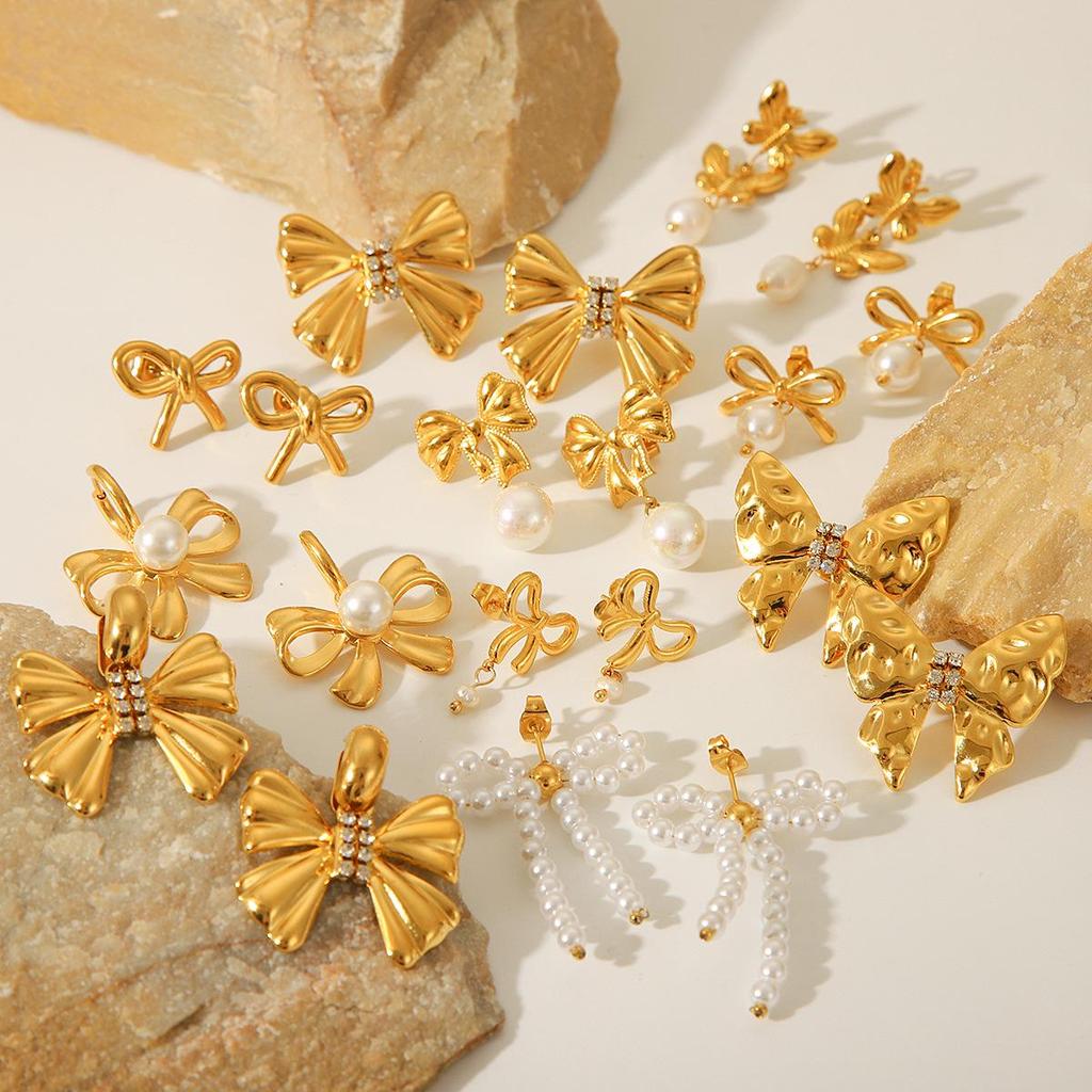 18K Gold French-Style Bow Studs with Titanium Steel, Butterfly, and Pearl Accents