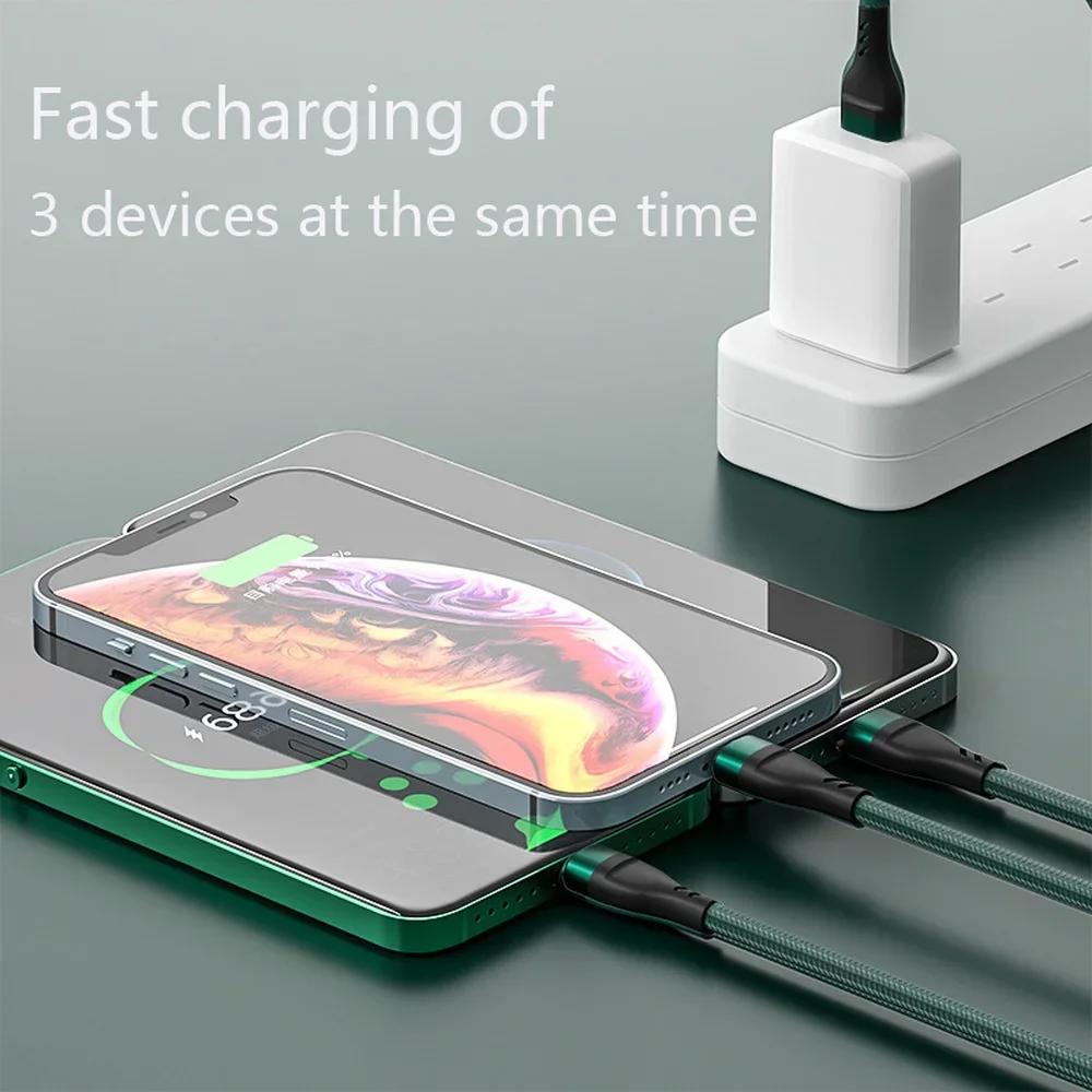 6A 3n1 Nylon Fast Charging Cord for Micro USB Iphone TYPE-C Universal Braided Data Cable Universal Multiple Ports Charger