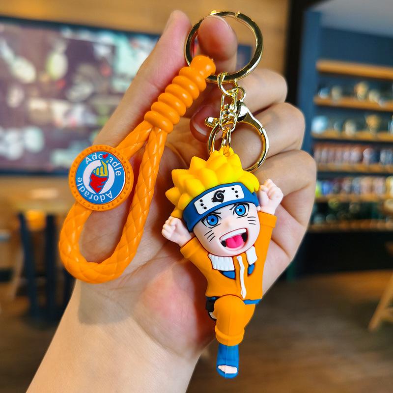 Japanese Naruto Cute Anime Figure 3D Character Flag Wood Kakashi Pvc Keychain Couple Backpack Car Key Pendant Bag Decoration