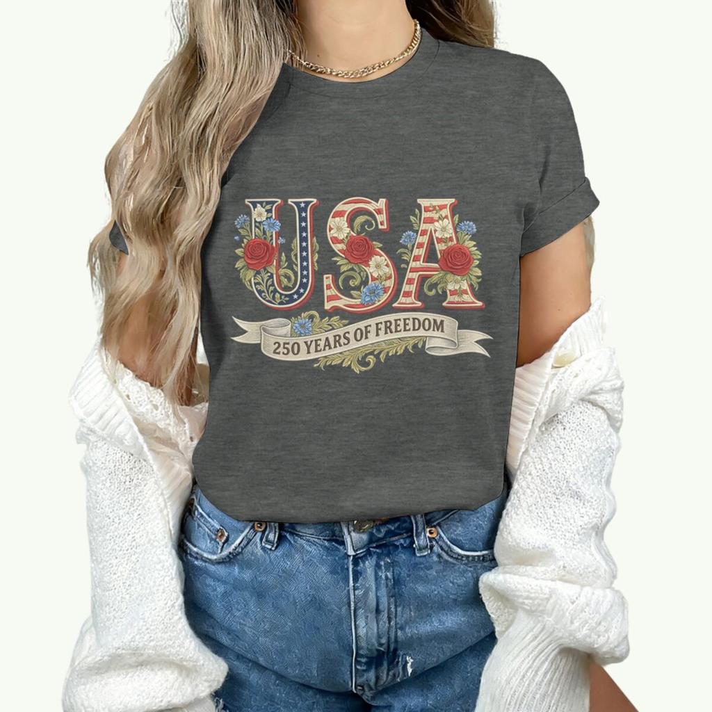 Causal 250th Anniversary Floral USA T-Shirt Women Retro Patriotic Rose Daisy Flowers Tee Fashion Independence Day 2026 Shirt