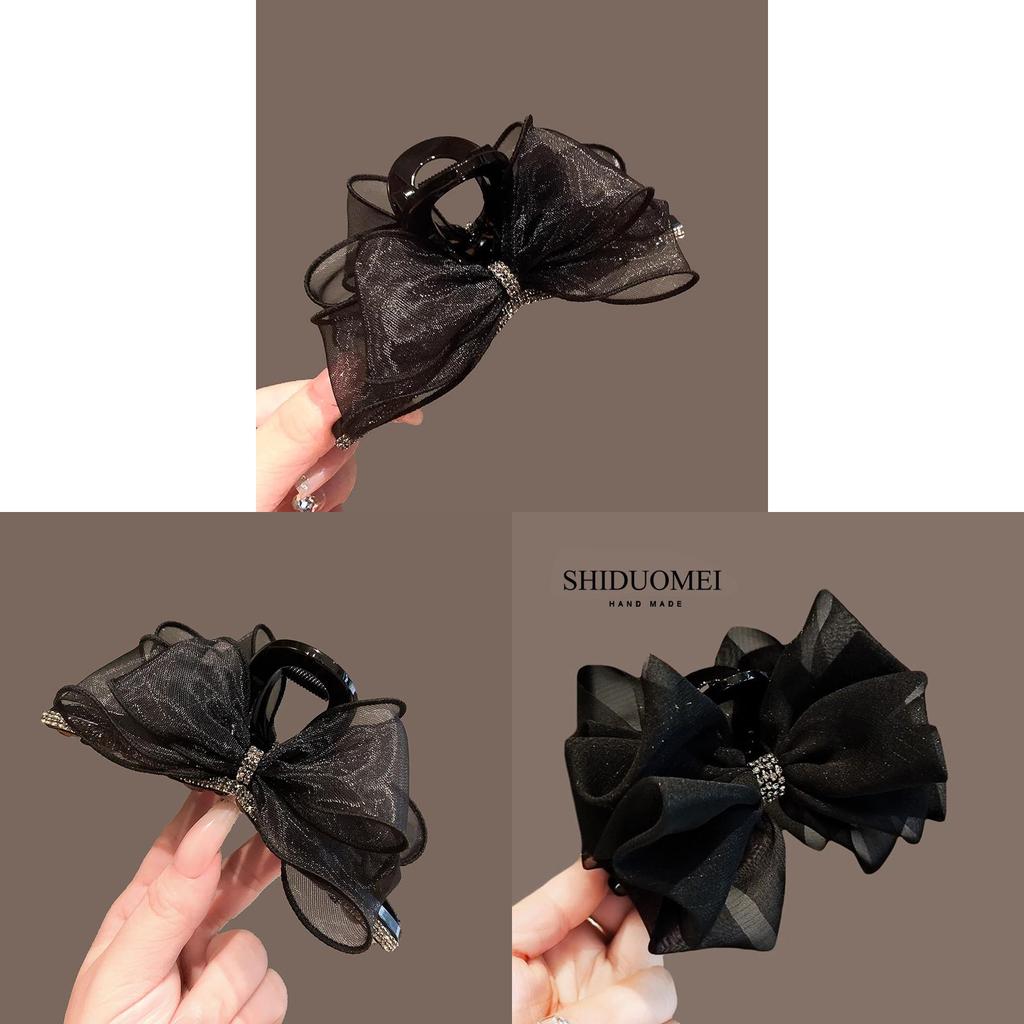 Super Fairy Net Fabric Bow Hair Clip With Water Diamond Clasp For Womens Fashion Styling
