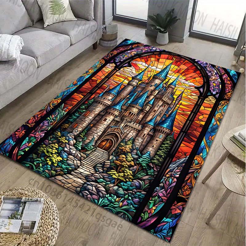 1PC Glass Window Castle Printed Carpet for Living Room Bedroom Bedside Bathroom Floor Mat Area Rugged Sofa Mat Home Decor