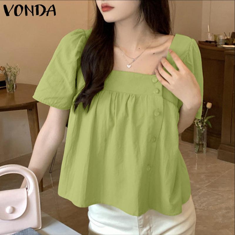 VONDA Women Girls Summer Square Collar Short Sleeve Buttons Casual Ruffled Blouse