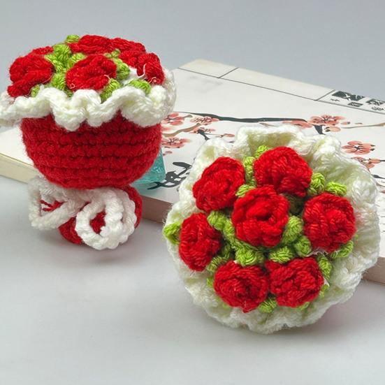 Yousheng Crochet Rose Flower Bouquet Decoration Handmade Knitting Floral Ornament Finished Hand Woven Flower Table Centerpiece