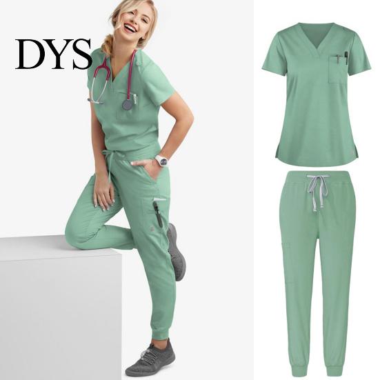 Dentist Uniform 2Pcs/Set Women Hospital Set V-neck Short Sleeve Pockets Tops Elastic Waist Nurse Top Jogger Pants Quick Drying Dental Nursing