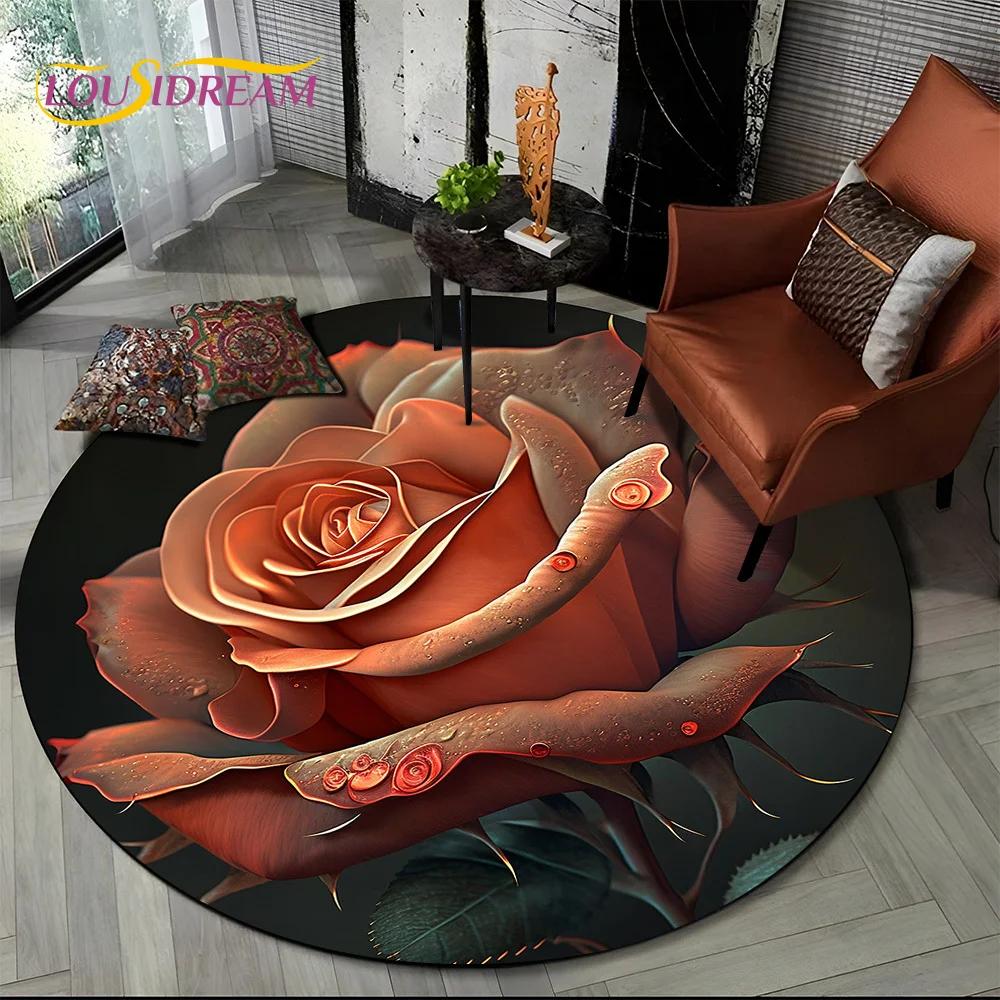 Covor rotund 3D Lux Floarea Soarelui Trandafir Nordic Margaretă pentru Decor Sofă Living Dormitor, Covor Zonă Copii Covoraș de Podea Antiderapant Cadou