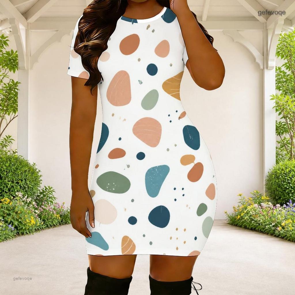 Women Plus Size Round Neck Short Sleeve White Printed Fitted Mini Dress