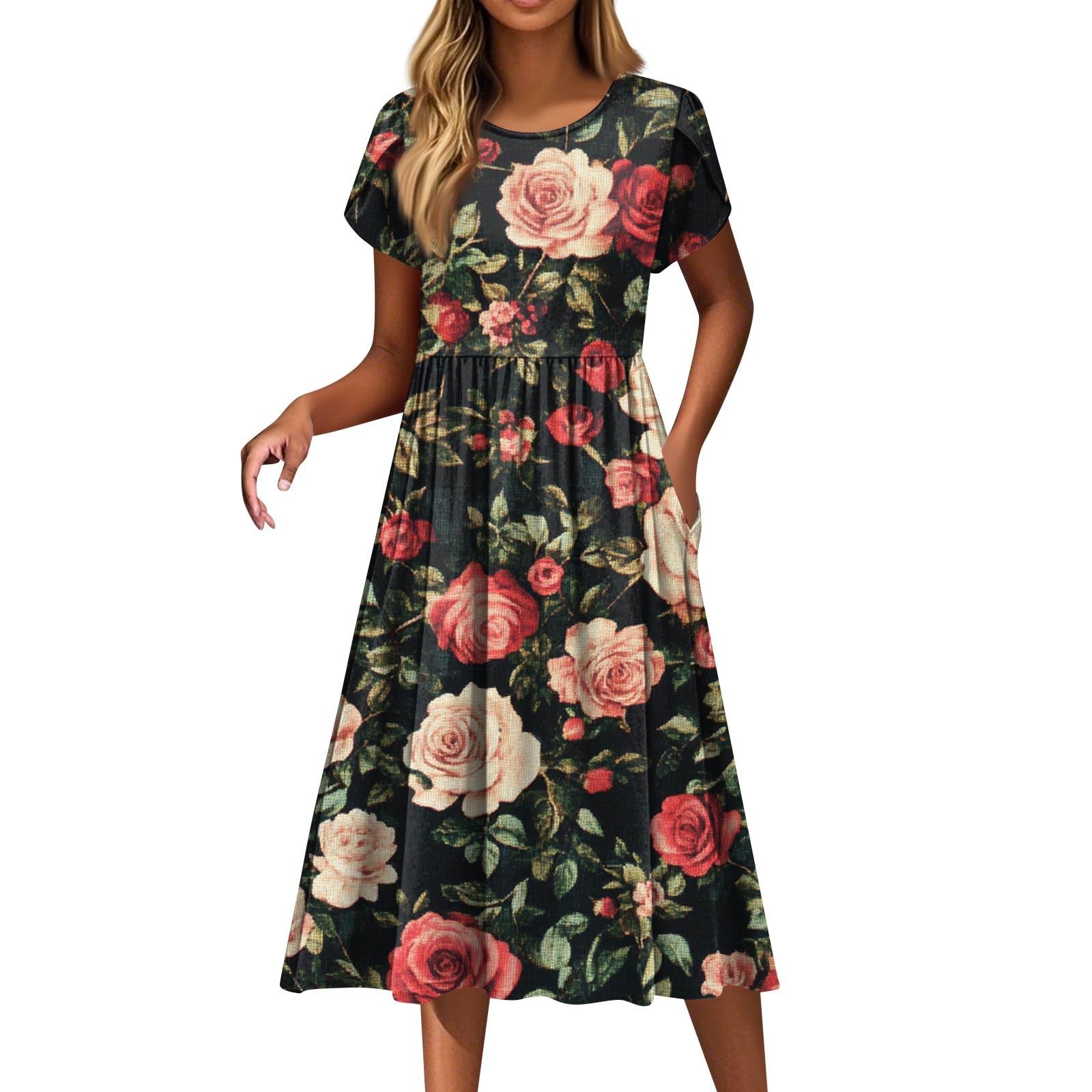 Женские платья Винтажные цветочные платья с круглым вырезом и коротким рукавом L