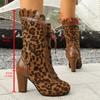 Comemore Leopard High-heeled Mid-calf Boots for Women Autumn Retro Suede Lace-up Round Toe Shoes Casual Bota Feminina