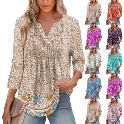 Women's Fashionable Casual Pleated  V Neck Solid Color Seven Quarter Sleeve T-shirt Top