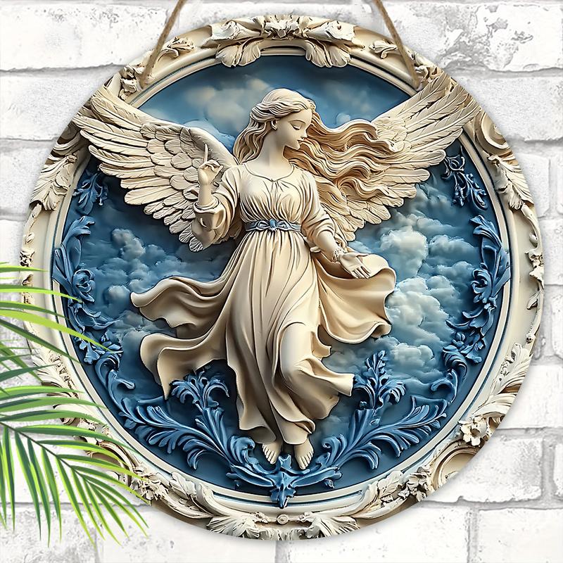 Holy Angel Wooden Sign - Beautiful Angel Round Artwork for Front Door Wall Home Hanging Decoration