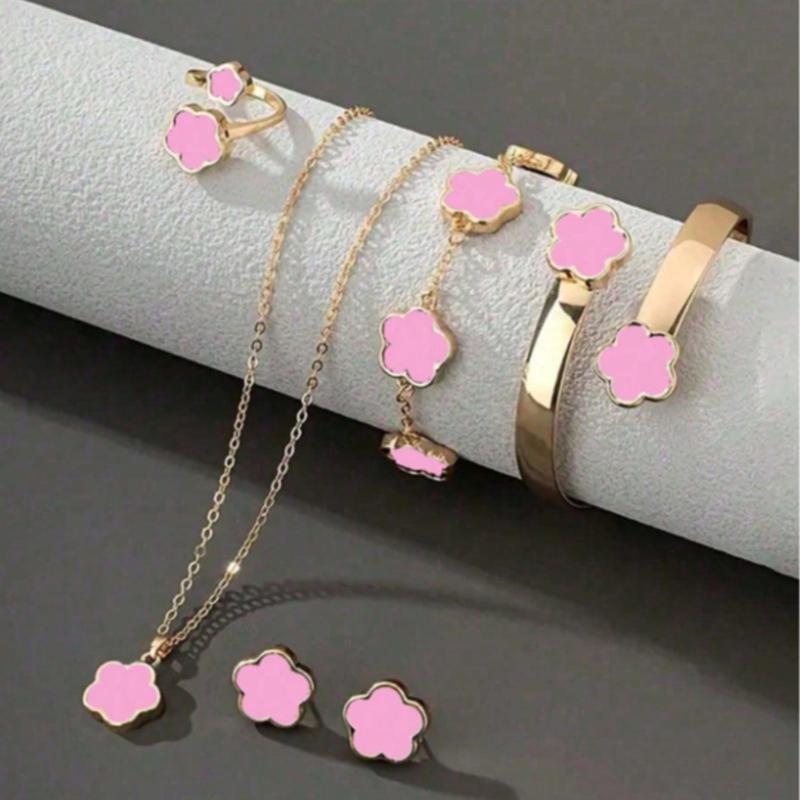 6pcs/Set Women's Same Color Lucky Flower Decoration Accessory Combination 1 Pair Of Earrings 1 Necklace 1 Bracelet 1 Bracelet 1 Ring Set Suitable