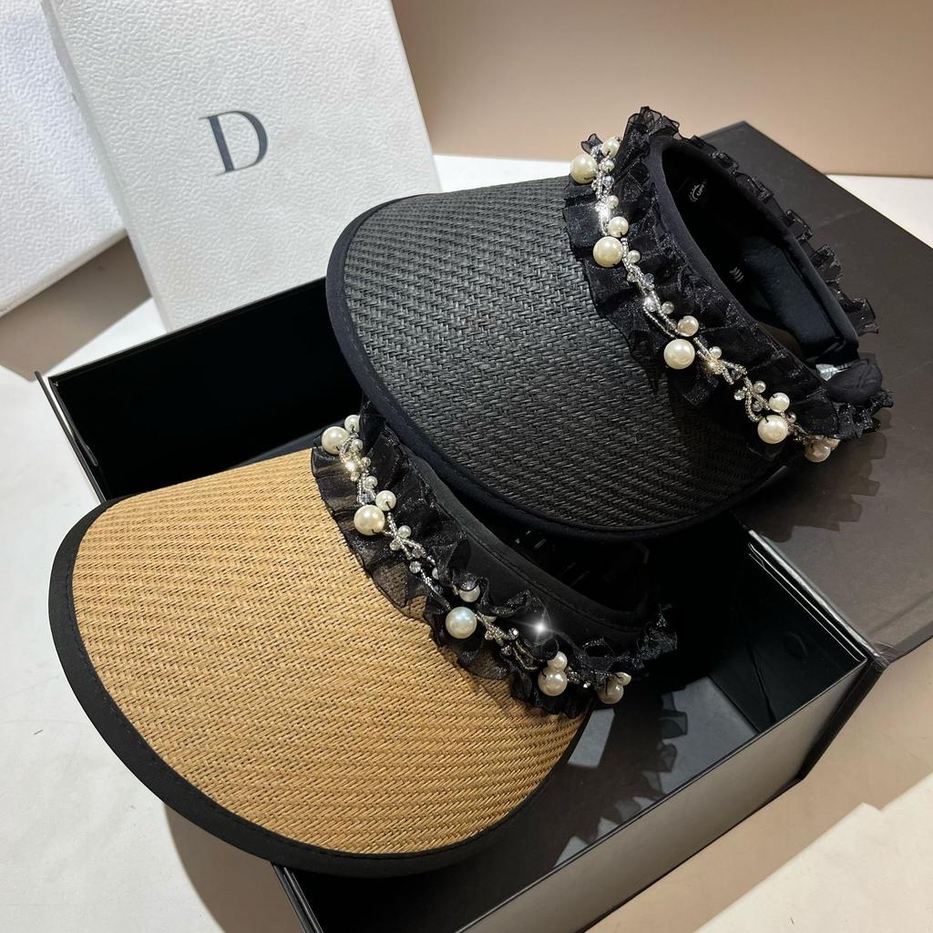 Summer Vinyl UV Protection Sun Hat Pearl Lace Sun Protection Empty Top Hat Outdoor Grass Woven Sun Hat
