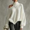 Women's Casual Oversized Knit Pullover Sweater with Asymmetric Neckline and Puff Sleeves