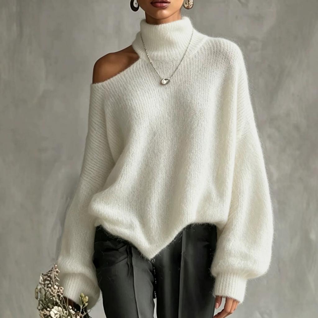 Women's Casual Oversized Knit Pullover Sweater with Asymmetric Neckline and Puff Sleeves