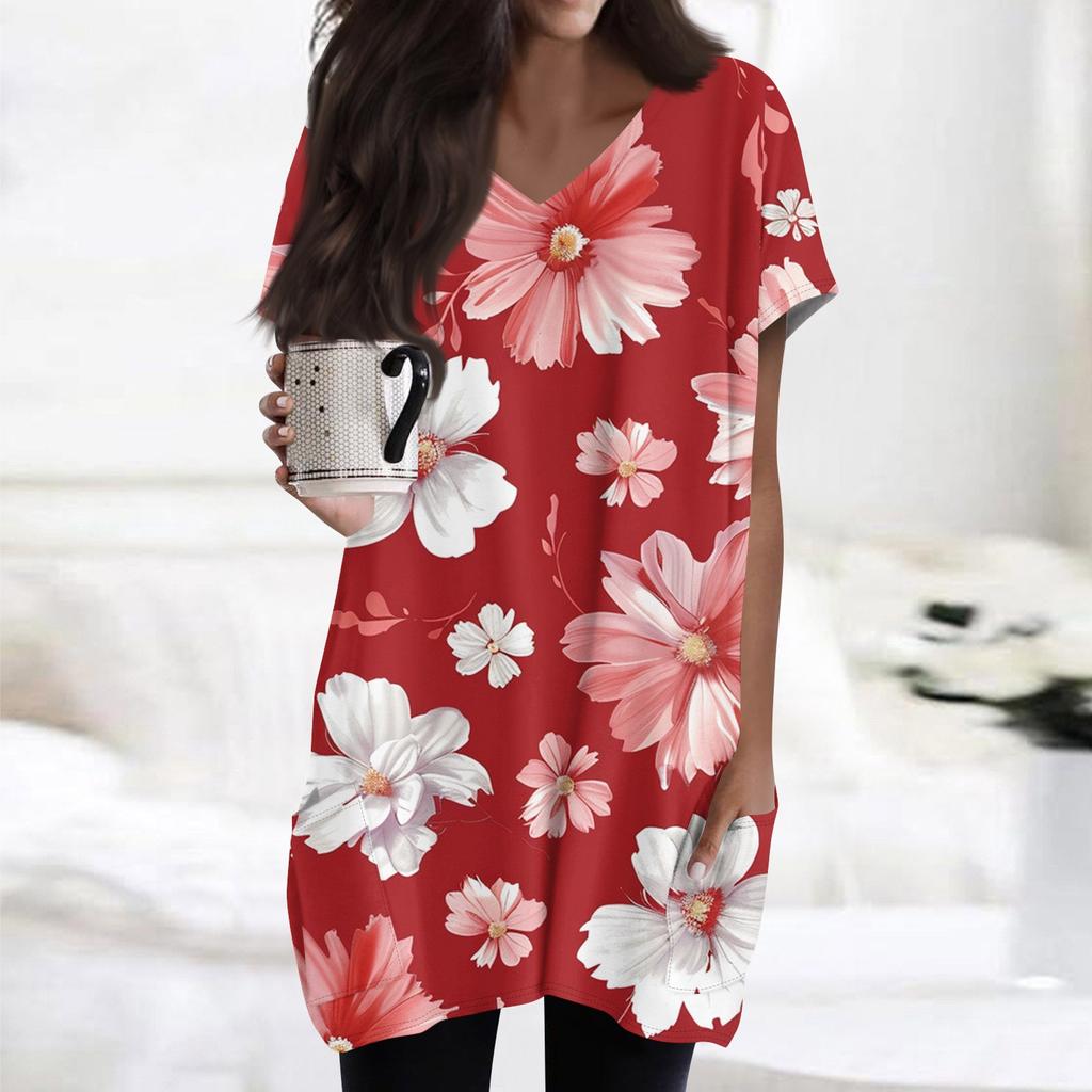 Haut à manches courtes pour femme, tendance et décontracté, col en V, imprimé floral, longueur midi, poche
