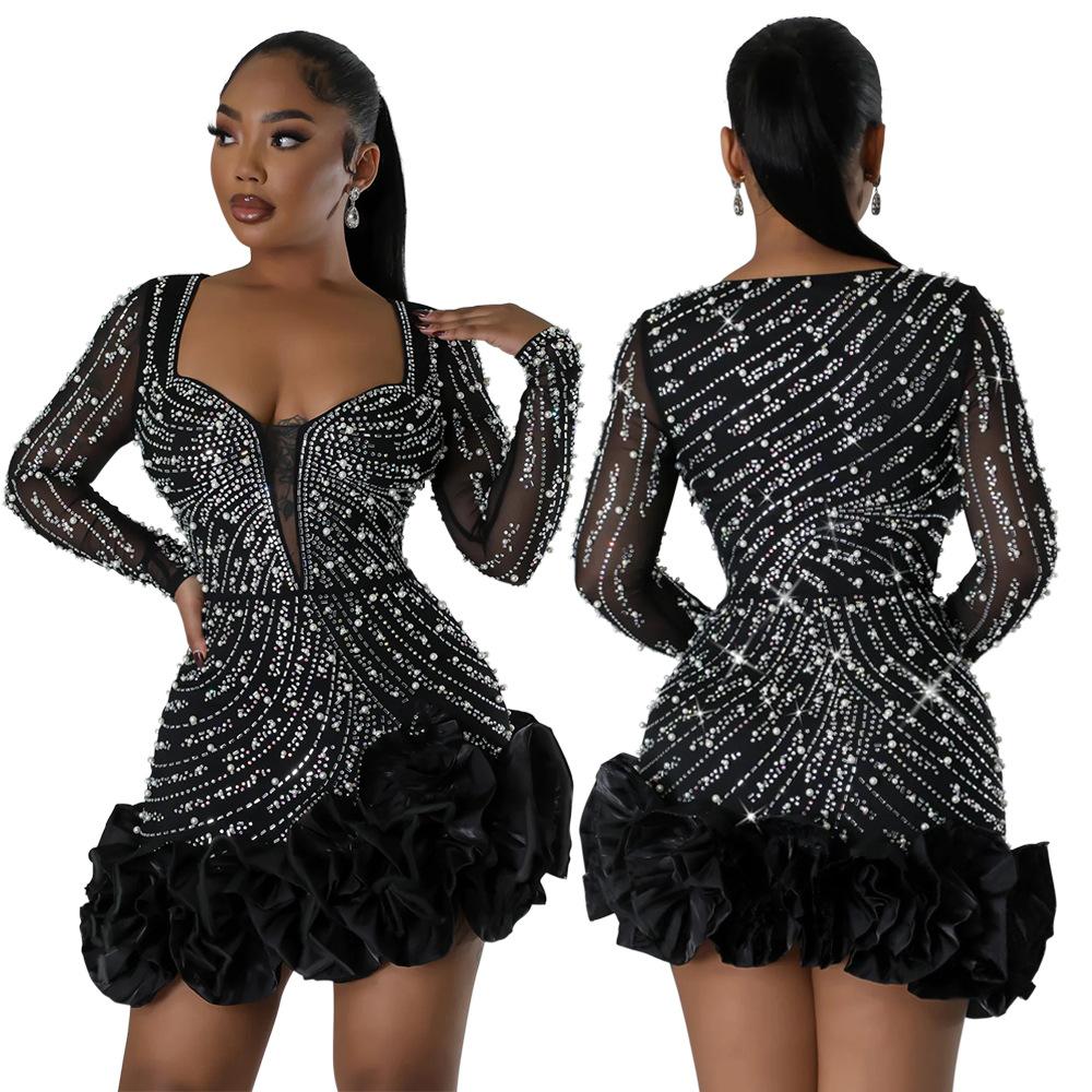 CY901011 European and American Hot Diamond Bubble Bead Dress Short Skirt Women, Fashionable Long-sleeved Square Collar