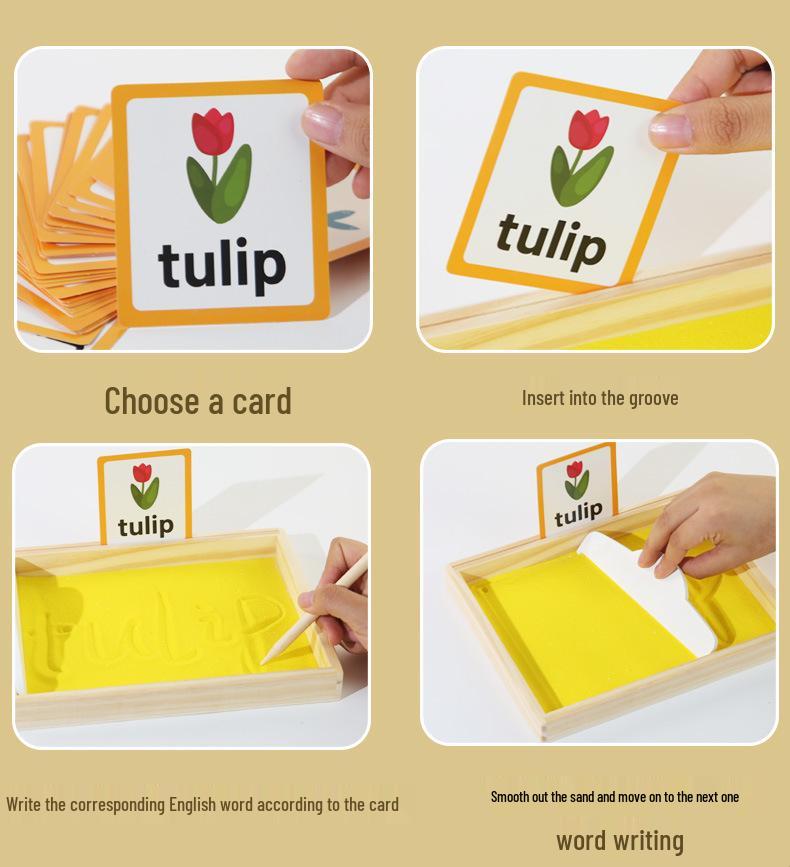 Montessori Wooden Sand Tray with English Letter Tracing Cards for Early Education & Word Recognition