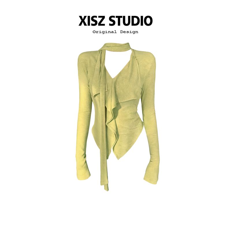 

with a Ruffled Edge and Ribbon, V-Neck T-Shirt for Women, Spring Style, Elegant Waist-Cinching, Slimming, Irregular Long-Sleeve Base Shirt Top Green L