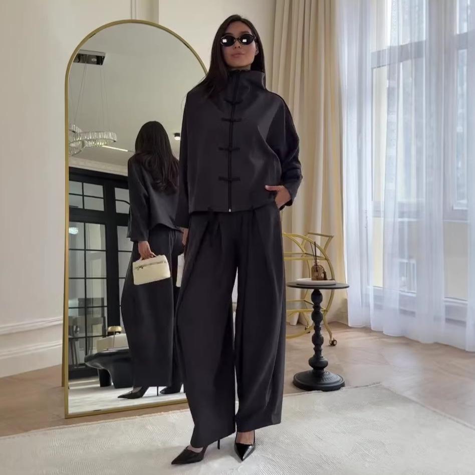 Autunno transfrontaliero nuovo set da donna due pezzi: top ampio a maniche lunghe con chiusura a bottoni a disco stile cinese con colletto alla coreana, pantaloni a gamba larga di temperamento