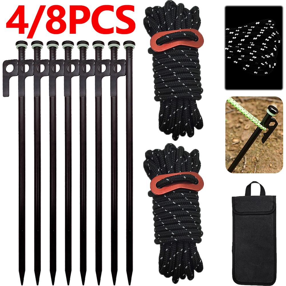 4/8 Stück Hochleistungs-Zeltheringe aus Stahl, Zeltnägel für den Außenbereich, mit Seilen und Aufbewahrungstasche, 30 cm Zelt-Erdpfähle für Camping