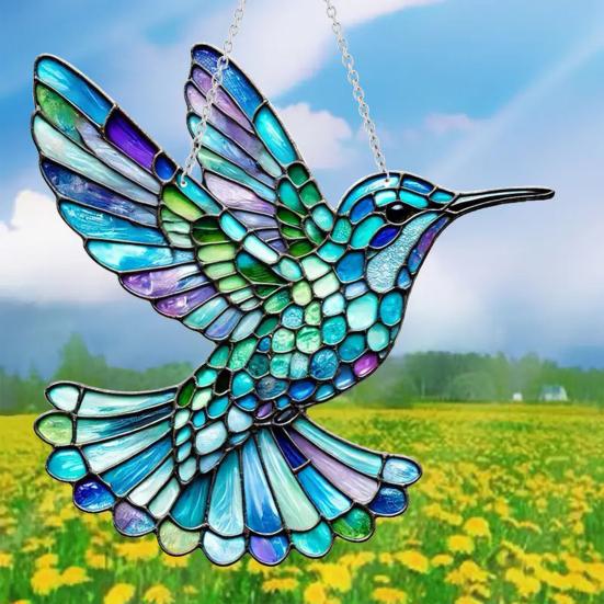 Acrylic Colorful Hummingbird Sun Catcher Hanging Pendant with Lanyard Easy To Install Bird Window Crafts Hanging Decor