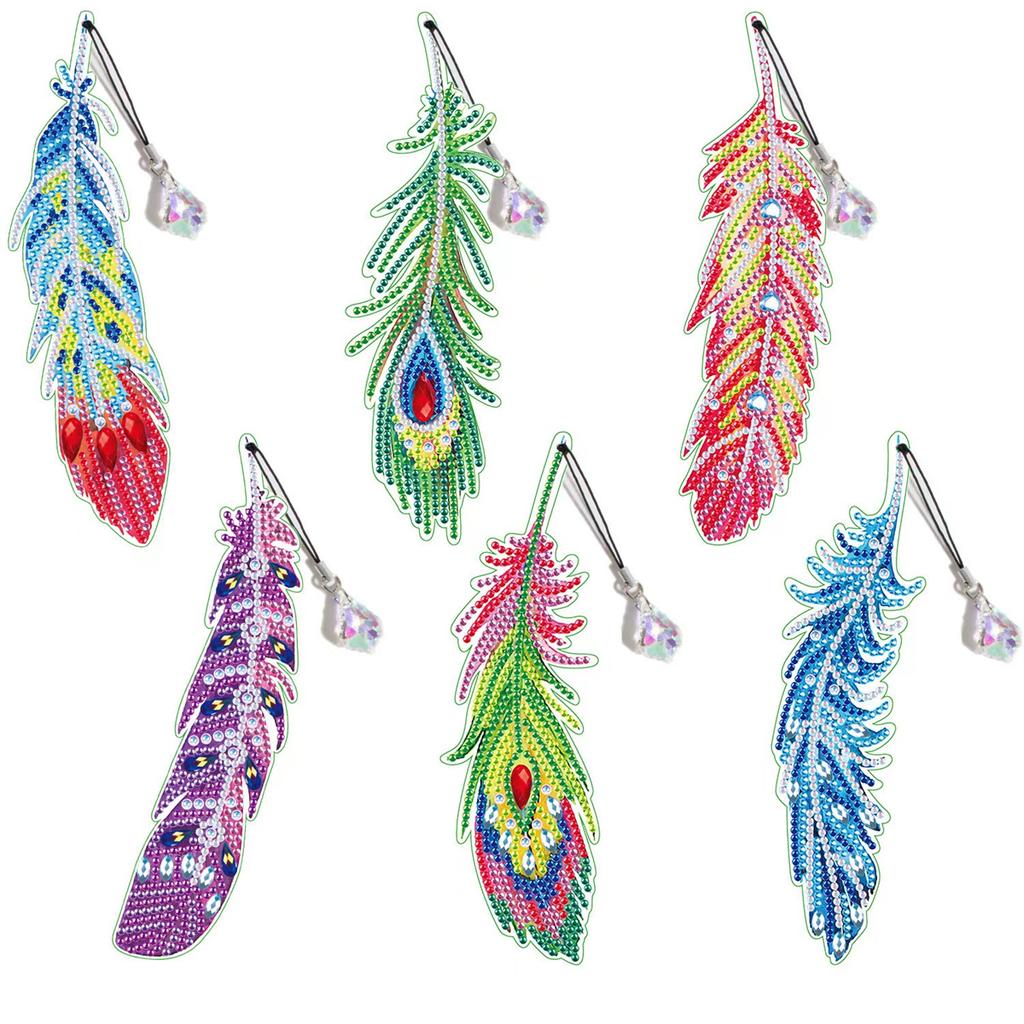 R-MSQ015-037 New Arrival 6pcs Feather Diamond Painting Bookmarks Resinstone Bookmark Pendant
