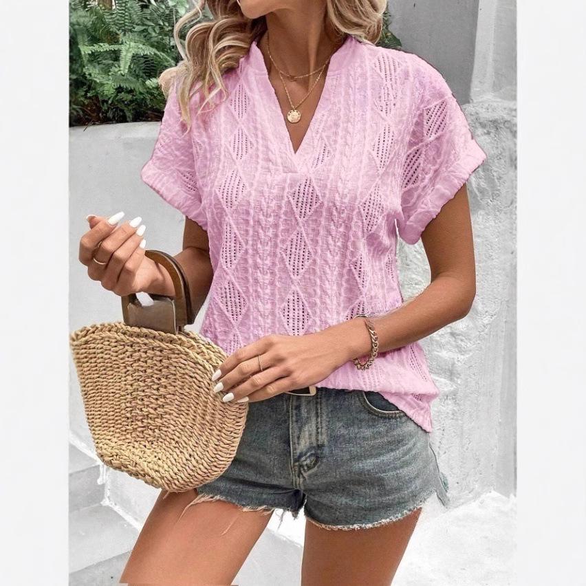 Women White Diamond Knit Hollow Out Short Sleeve Slim Fitted T-Shirt