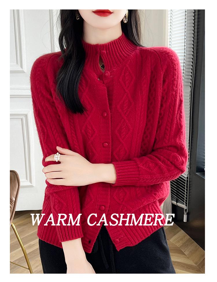 Heavy Knit Half High Neck Slim Fit Cashmere Cardigan Sweater for Spring & Autumn