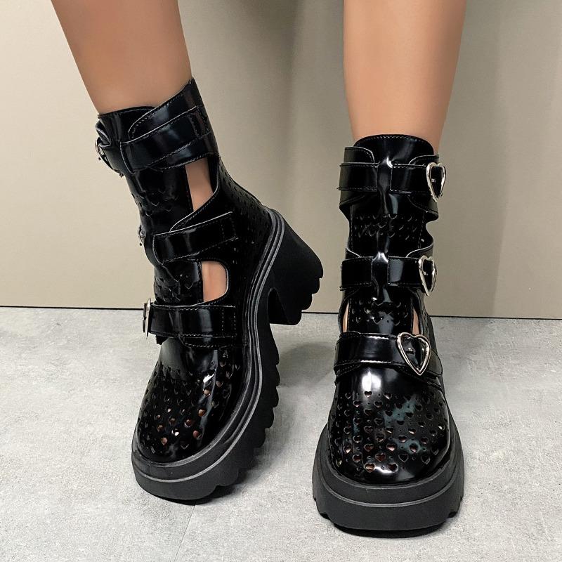 Fashion Metal Buckle Decoration  Boots Women's Thick Heel Thick Bottom Hollow Breathable Women's Shoes New Short Cool Boots