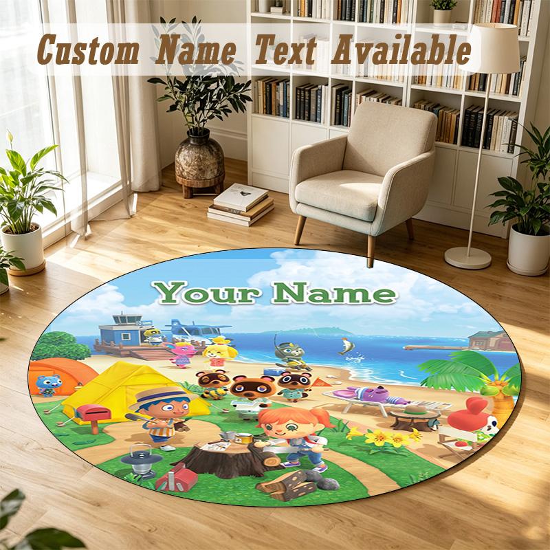 Animal Crossing Personalized Round Rug Support Custom Name, Soft Home Decor Mat