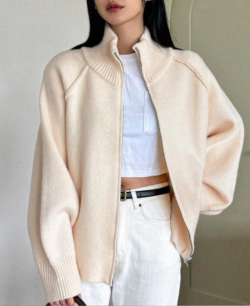 Solid Stand Collar Zip Knitted Cardigan Top Sweater Jacket
